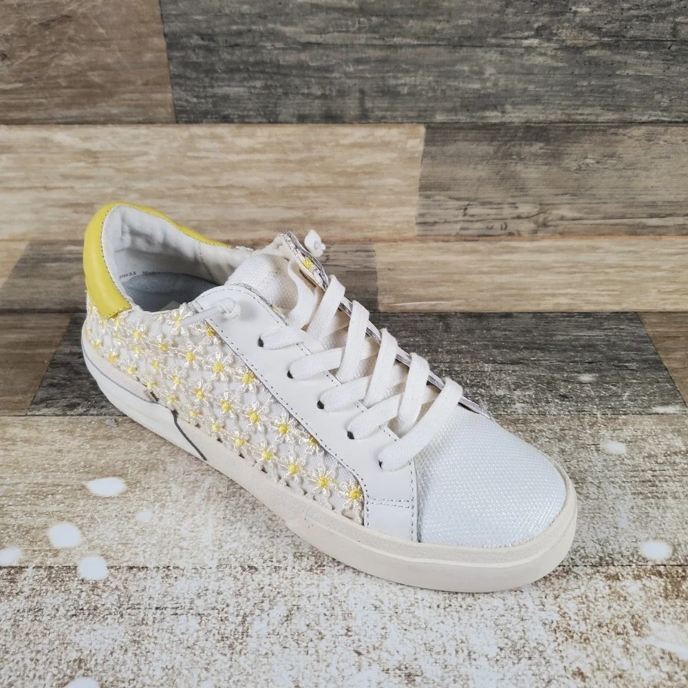 Dolce‎ Vita Zina Shoes Womens Sz 7.5 M White Yellow Floral Mesh Lace-Up Sneakers